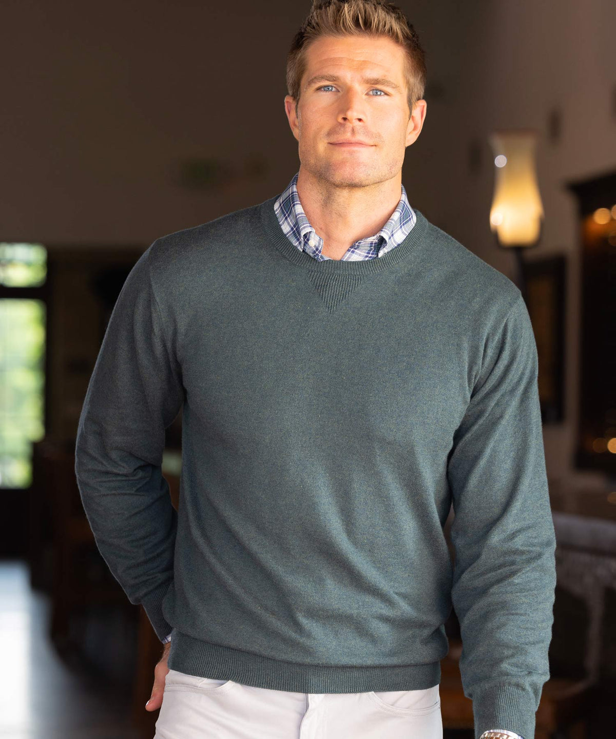 Fine Gauge V-Neck Sweater with Elbow Patches