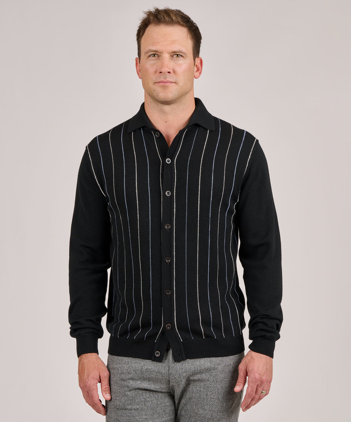 Westport Black Long Sleeve Stripe Button Front Knit Shirt, Men's Big & Tall