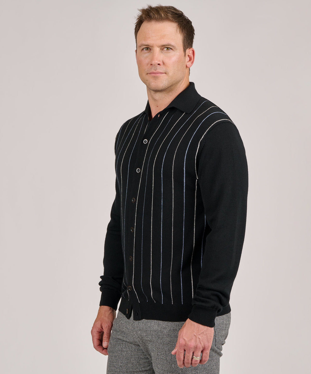 Westport Black Long Sleeve Stripe Button Front Knit Shirt, Men's Big & Tall