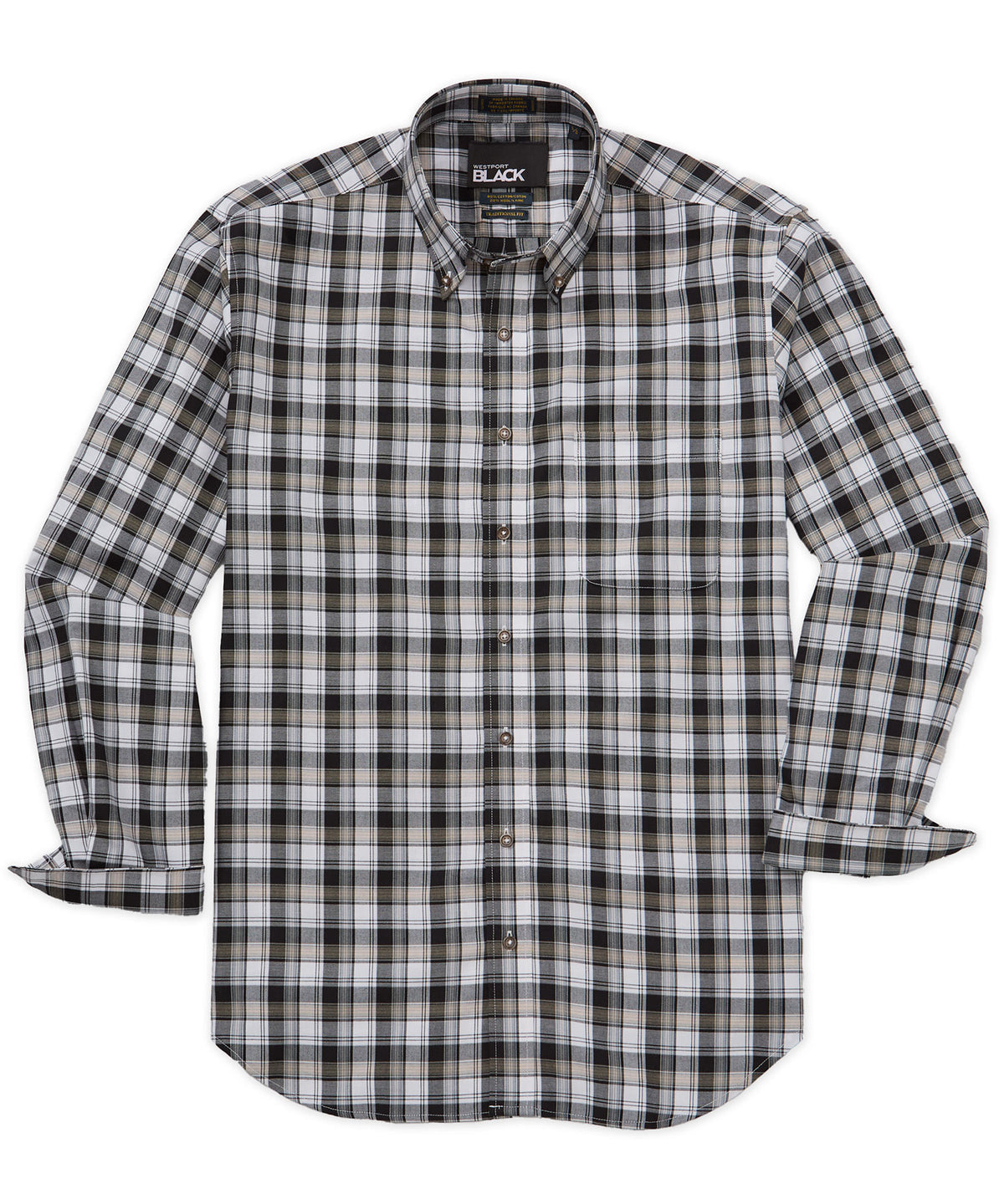 Westport Black Long Sleeve Cotton-Wool Button Down Collar Plaid Sport Shirt, Men's Big & Tall