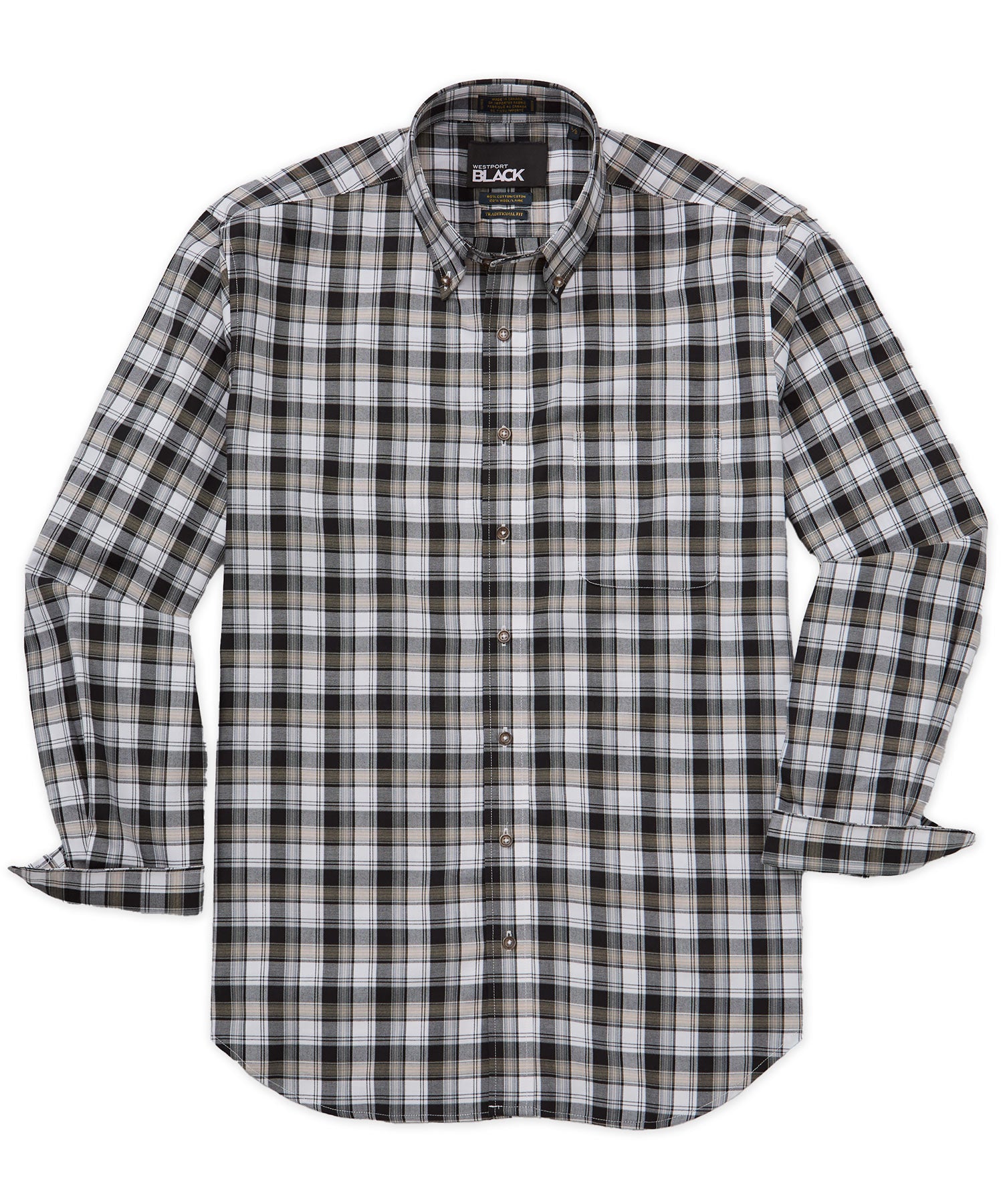 Westport Black Long Sleeve Cotton-Wool Button Down Collar Plaid Sport Shirt