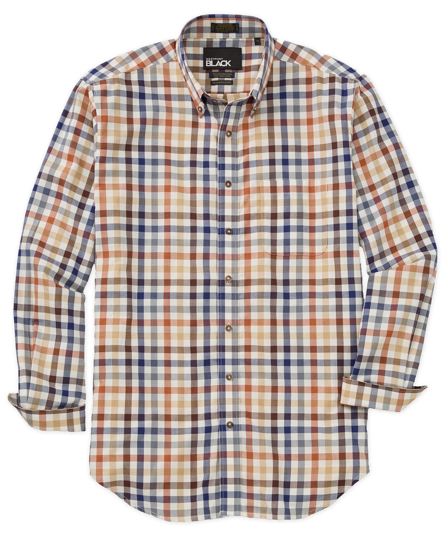 Westport Black Long Sleeve Cotton-Wool Button Down Collar Plaid Sport Shirt, Men's Big & Tall