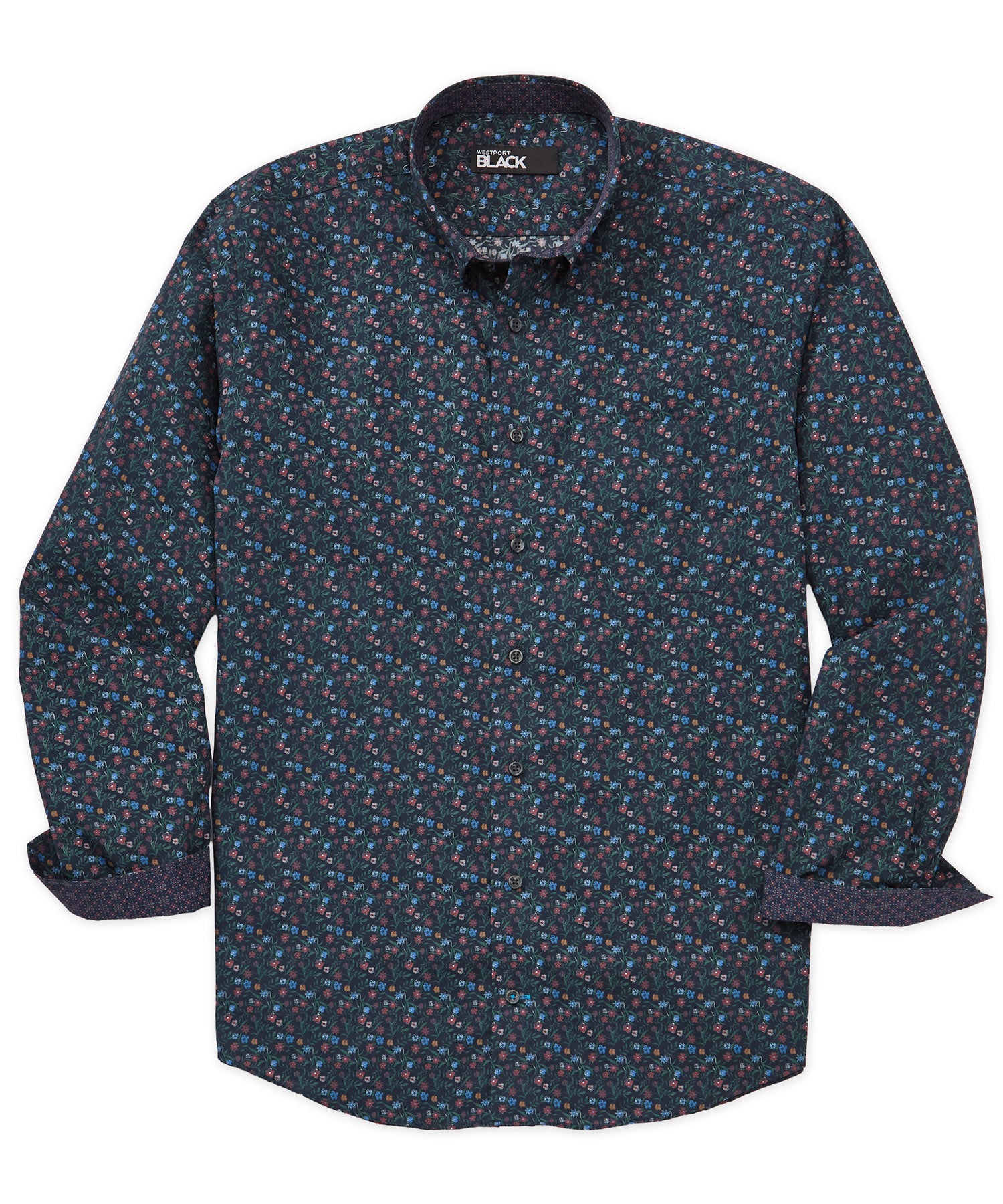 Westport Black Long Sleeve Hidden Button Down Collar Print Sport Shirt, Men's Big & Tall