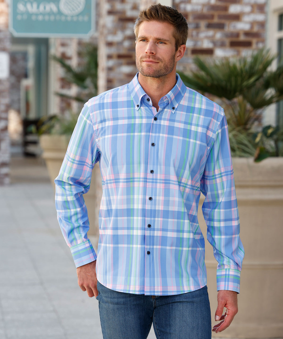 Westport No-Tuck Long Sleeve Button Down Collar Stretch Performance Plaid Sport Shirt, Men's Big & Tall