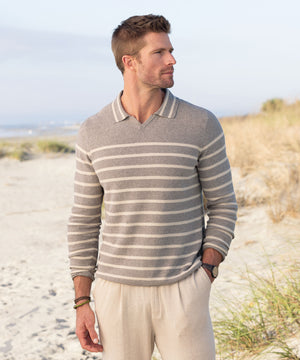 Westport Black Long Sleeve Striped V-Neck Polo Knit Shirt