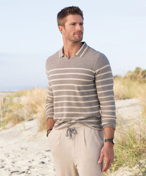 Westport Black Long Sleeve Striped V-Neck Polo Knit Shirt