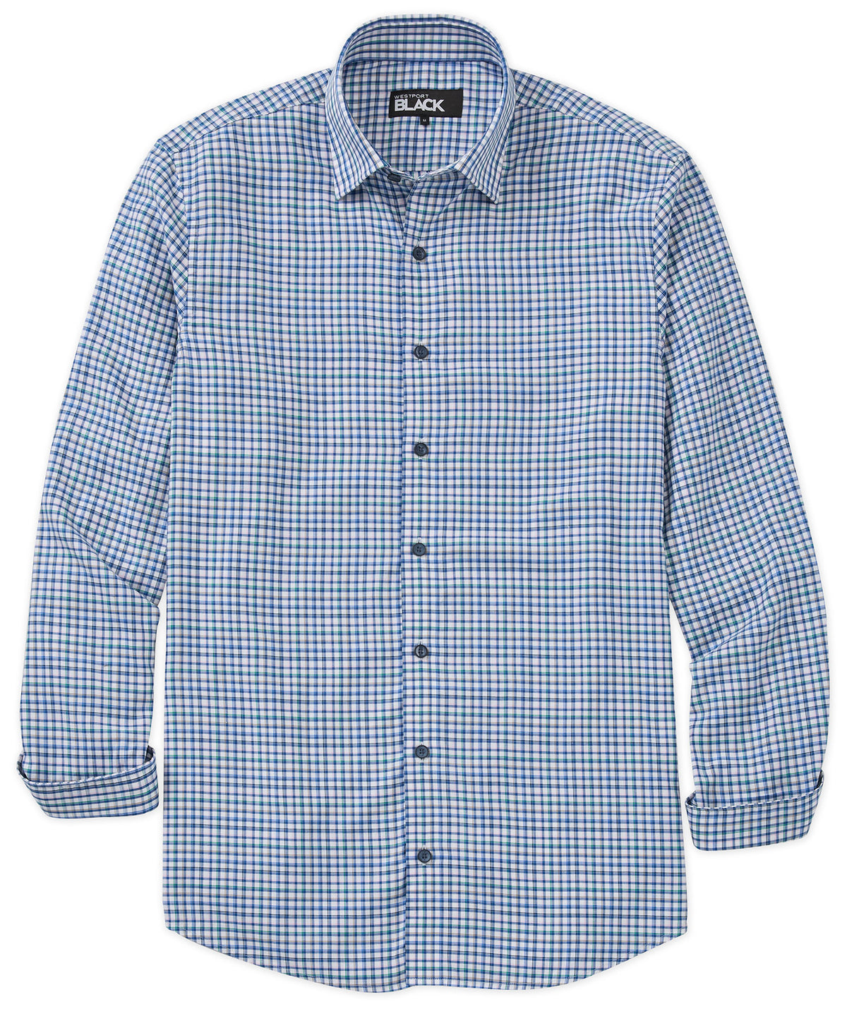 Westport Black Long Sleeve Semi Spread Button Under Plaid Collar Sport Shirt, Men's Big & Tall