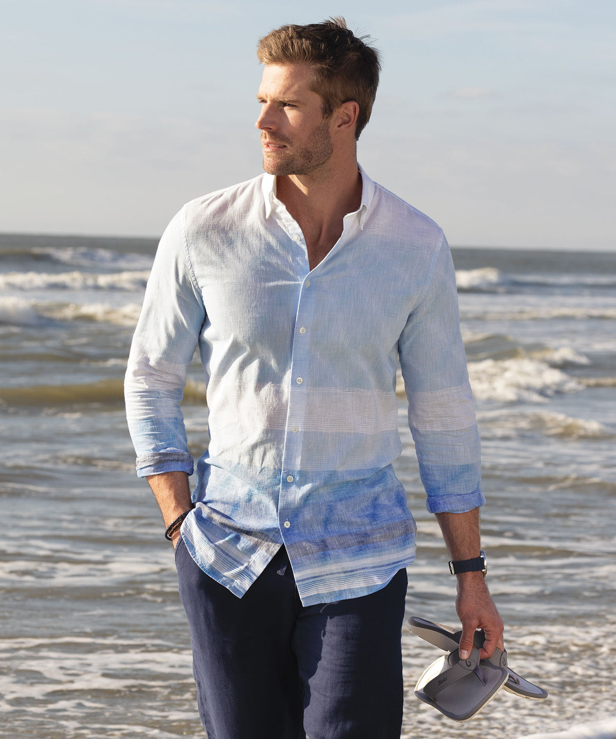 Westport Black Long Sleeve Button Down Collar Printed Cotton-Linen Sport Shirt, Men's Big & Tall