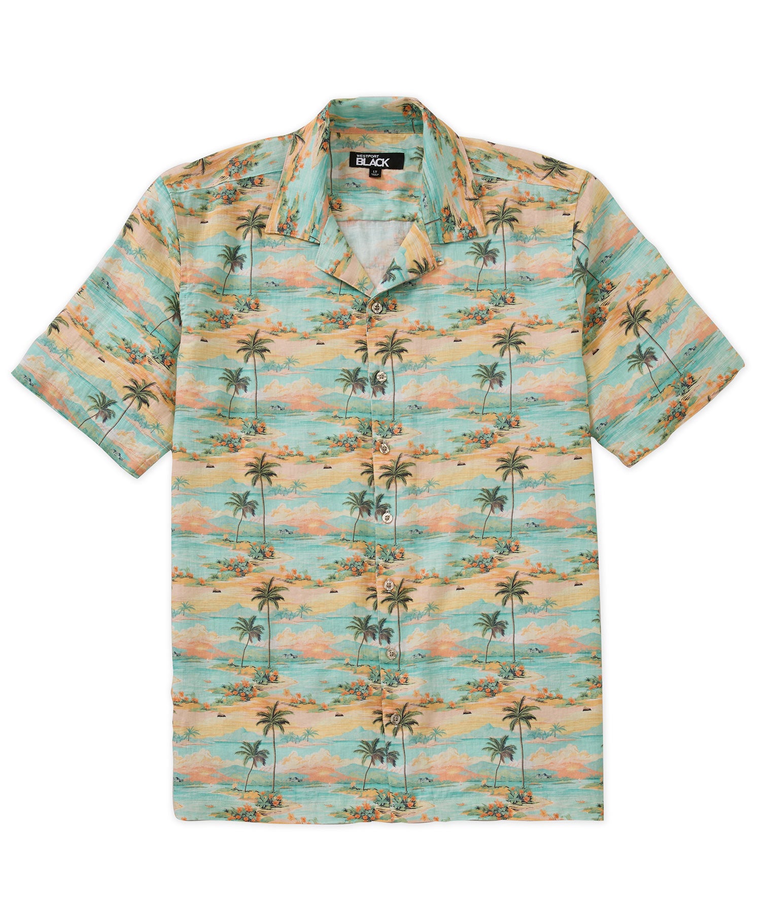 Westport Black Beach Print Short Sleeve Linen Camp Shirt