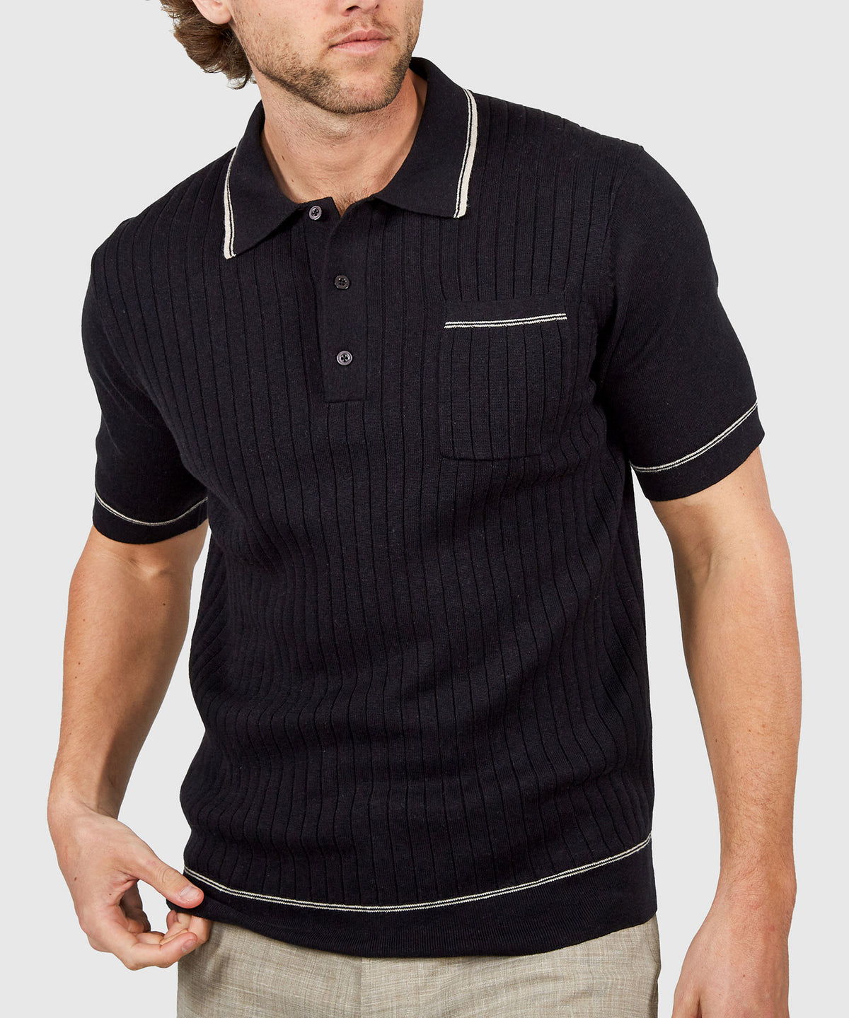 Westport Black Short Sleeve Amici Ribbed Knit Polo Shirt, Men's Big & Tall