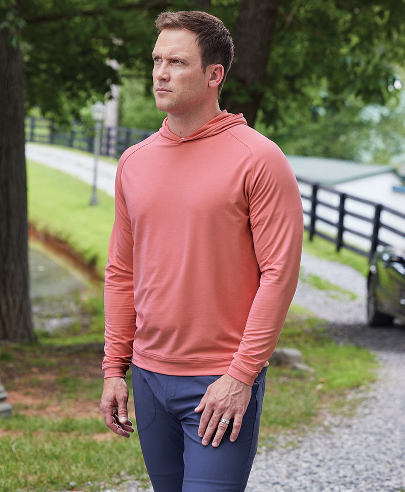 Male model wearing Peter Millar Pine Performance Hoodie Pullover, Men's Big & Tall