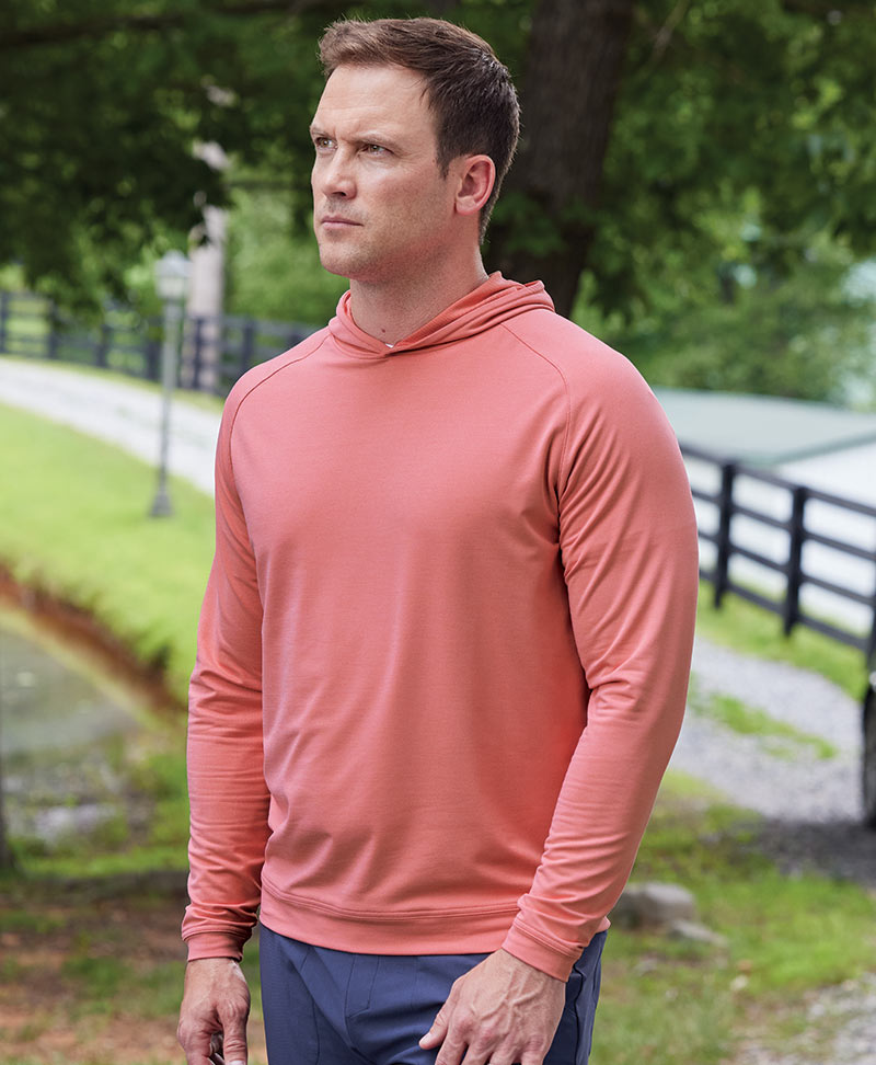 Male model wearing Peter Millar Pine Performance Hoodie Pullover, Men's Big & Tall