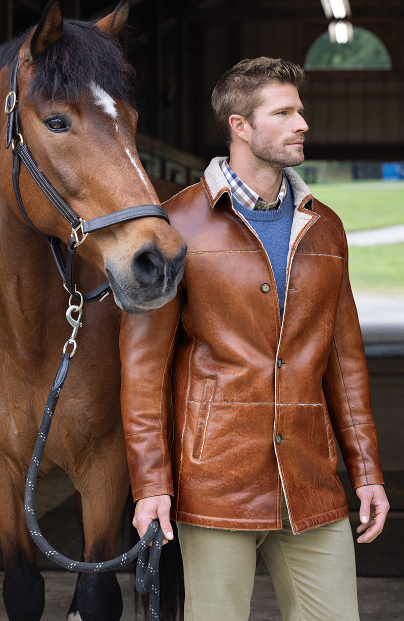 Male model wearing Westport Black Lamb Leather Mid-Length Jacket with Sherpa Lining, Men's Big & Tall