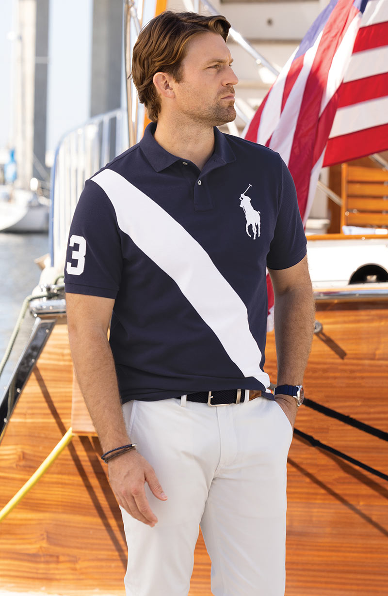 Male model wearing Polo Ralph Lauren Short Sleeve Animated Big Pony Mesh Polo Knit Shirt