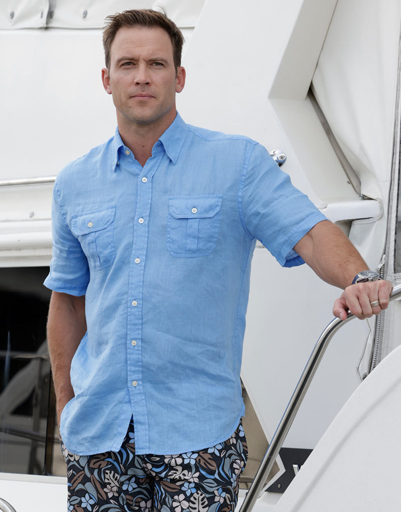Male model wearing Westport Black Short Sleeve Linen Button-Under Collar Safari Shirt, Men's Big & Tall