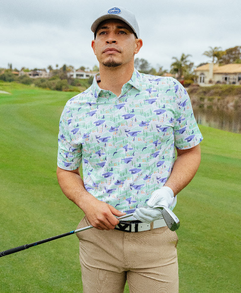 Male model wearing Callaway Short Sleeve Coastal Print Polo Knit Shirt, Men's Big & Tall