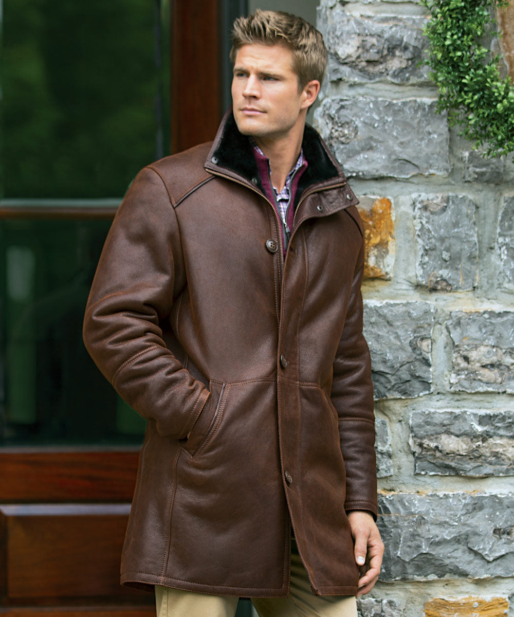 Mens three quarter hot sale length shearling coat